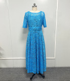 Women's Lace Hollow Half-Sleeve Round Neck Solid Color Evening Dress