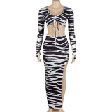Fall Zebra Print Long Sleeve Tie Crop Top Slit Skirt Two Piece Set