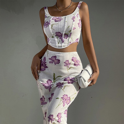 Women's Sexy Printed Camisole Slim Bodycon Skirt Two Piece Set