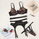 Sexy Lacemesh Leopard Print Patchwork Hollow Breathable Sexy Underwear Three-Piece Lingerie Set