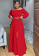 Fashion Off Shoulder Lantern Sleeves Top Slit Large Flared Skirt Two-Piece Set