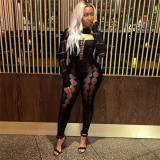 Summer Women's Sexy Long Sleeve Knitting High Waist Tight Fitting Solid See-Through Jumpsuit