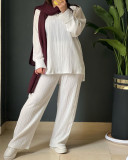 Women Autumn Casual Long Sleeve Turndown Collar Irregular Shirt and Pants Two-piece Set