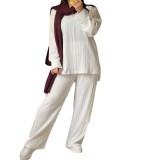 Women Autumn Casual Long Sleeve Turndown Collar Irregular Shirt and Pants Two-piece Set