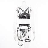 Women Crossover Patchwork Lace Hollow Backless Garter Belt Sexy Lingerie Set