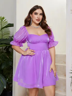 Plus Size Women French Puff Sleeve Square Neck Dress