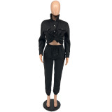 Women Fall/Winter Solid Button Shirt and Pants Two-piece Set