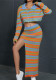 Autumn Women sexy knitting striped contrast top and slit skirt two-piece set