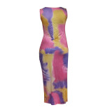 Plus Size Women Tie Dye Print Sleeveless Dress