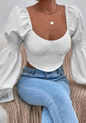 Summer Women's Fashion Lantern Sleeve Sexy Low Cut Cropped Crop Shirt