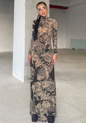 Women's Fall Fashion Style Mesh Print See-Through Turtleneck Slim Fit Dress