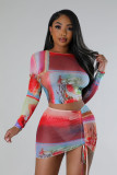 Women's Mesh Positioning Print Cropped Top Pleated Sexy Skirt Set