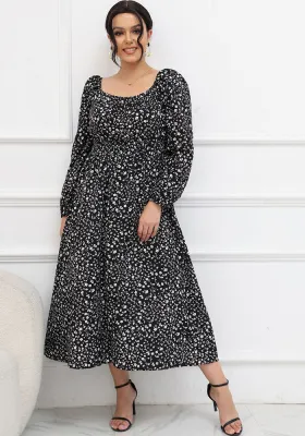 Fall French Print Square Neck Puff Sleeve Slim Waist Dress