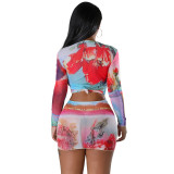 Women's Mesh Positioning Print Cropped Top Pleated Sexy Skirt Set