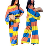Spring Fall Women's Loose Plus Size Long Sleeve Round Neck Print Slash Shoulder Two-Piece Pants Set