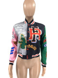 Women's Fashion Print Single Breasted Ribbed Colorblock Pocket Baseball Jersey