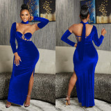 Fashion Ladies Solid Color One Sleeve Glove Evening Gown Maxi Dress