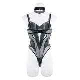 Pu Leather Mesh Patchwork Lace-Up Tunic Low Back Sexy Nightclub Bodysuit Female