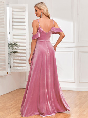 Sexy Straps Ruffled Slit A-Line Long Evening Dress Velvet Bridesmaid Party Dress