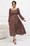 Fall French Print Square Neck Puff Sleeve Slim Waist Dress