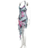 Women's Fall Digital Print Halter Neck Lace-Up Sexy Low Back Streamer Dress
