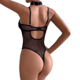 Pu Leather Mesh Patchwork Lace-Up Tunic Low Back Sexy Nightclub Bodysuit Female