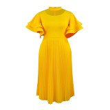 Casual Comfort Cutout Neck Elegant Layered Bell Bottom Sleeve Pleated Dresses