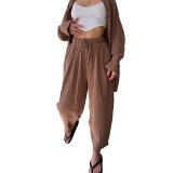 Women Autumn Turndown Collar long-sleeved shirt and high-waisted trousers Casual two-piece set