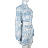 Women Tie Dye Long Sleeve Zip Top and Mini Skirt Two-Piece Set