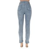 Women Casual Ripped Diagonal Buckle Stretch Denim Pants