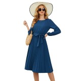 Women Solid Round Neck Long Sleeve Pleated Casual Strappy Dress