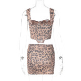 Women leopard print sexy Off Shoulder camisole and Mini Skirt two-piece set