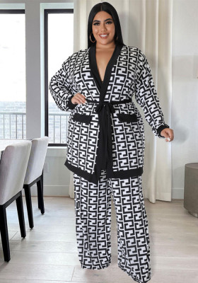 Plus Size Women Casual Print Tie Top and Pant Two-Piece Set