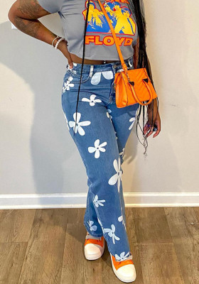 Women Casual Floral Print Denim Pants