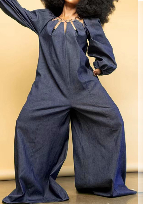 Women Metal Ring Collar Long Sleeve Wide Leg Loose Jumpsuit