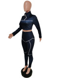 Women Casual Line Sport Long Sleeve Top and Pant Two-Piece Set
