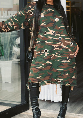 Plus Size Women Camouflage Long Sleeve Dress