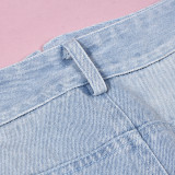 Women Denim Pocket Slit Fringe Skirt