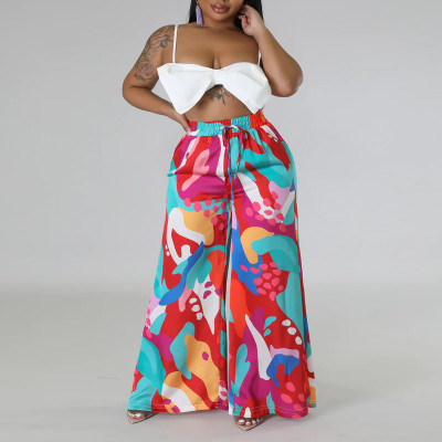 Plus Size Women Casual Tie Print Pocket Wide Leg Pants