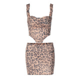 Women leopard print sexy Off Shoulder camisole and Mini Skirt two-piece set