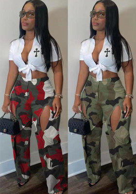 Women Printed Ripped Crossover Cargo Straight Leg Pants