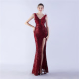 Sexy Feather Beading Sequins Evening Formal Party Side Slit Evening Dress