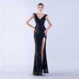 Sexy Feather Beading Sequins Evening Formal Party Side Slit Evening Dress