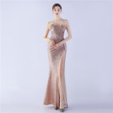 Sexy Feather Sequins Straps Side Slit Evening Dress