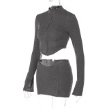 Women's Autumn Slim Waist Slim Fit Crop Zippertop Sexy Miniskirt Set