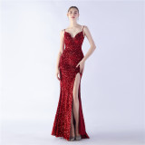 Sexy Sequined Side Slit Straps Long Evening Dress