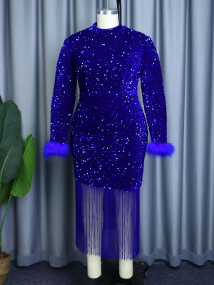 Round Neck Long Sleeve Shiny Sequin Tassel Formal Party Prom Dress