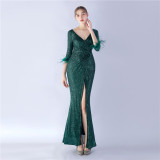Sexy Feather Sequined Long-Sleeved Evening Dress