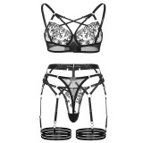 Lace Embroidered Girl Clothing Mesh See-Through Sexy Three-Piece Lingerie Set
