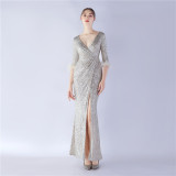 Sexy Feather Sequined Long-Sleeved Evening Dress